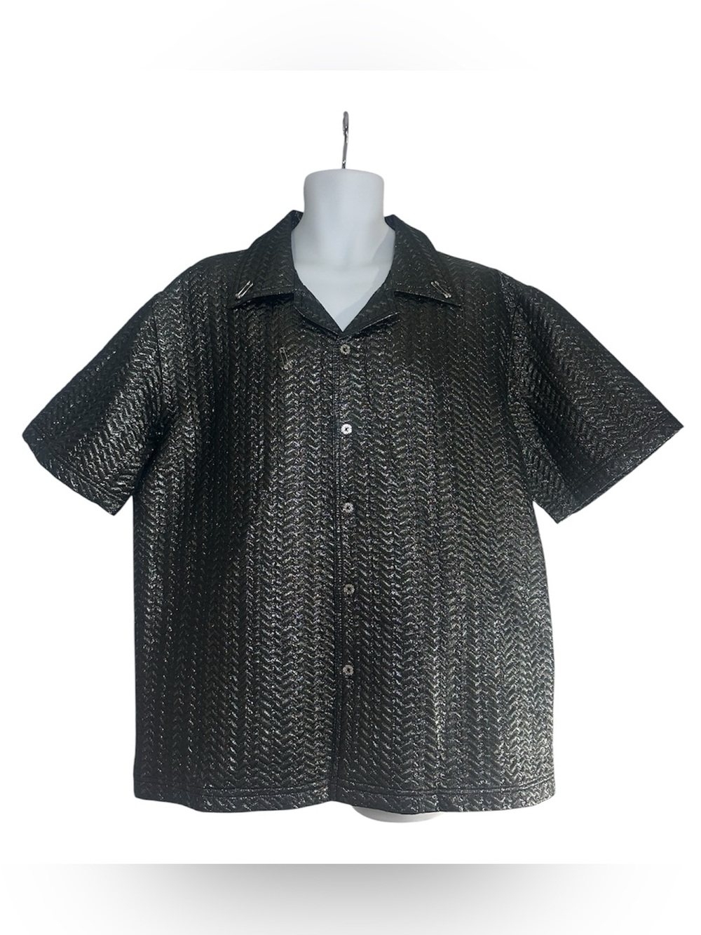 Alexandro Fratelli Paris Mens L Metallic Silver Black Jacquard Shirt Safety Pin
